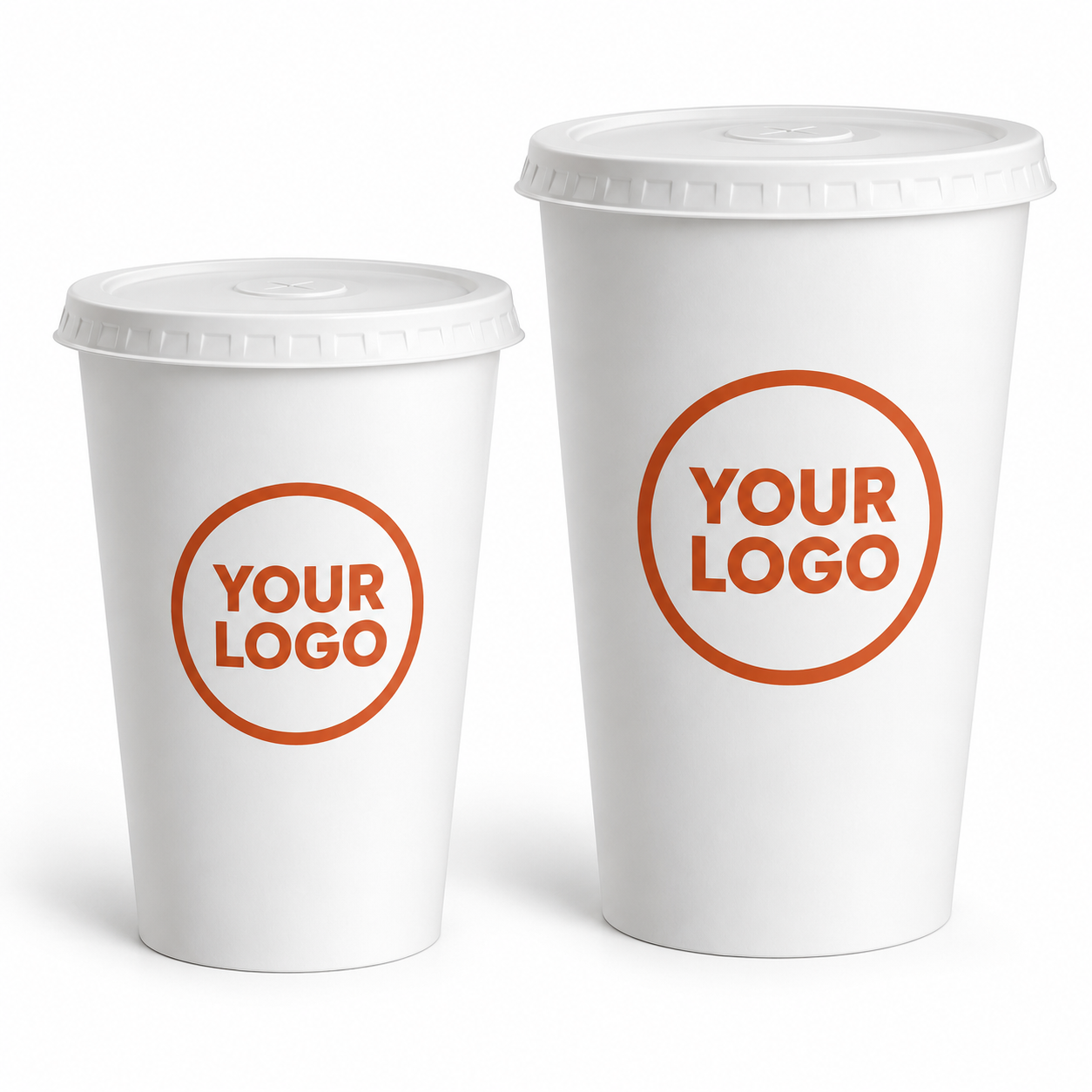 Illustrative mockup of custom printed cups with lids; final appearance depends on approved specifications.